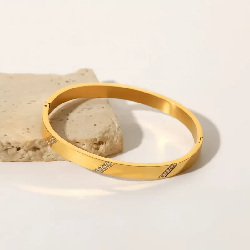 Simple Design 18K Gold Plated Diagonal White Cubic Zirconia Bangles for Women Dainty Jewelry - Image 4