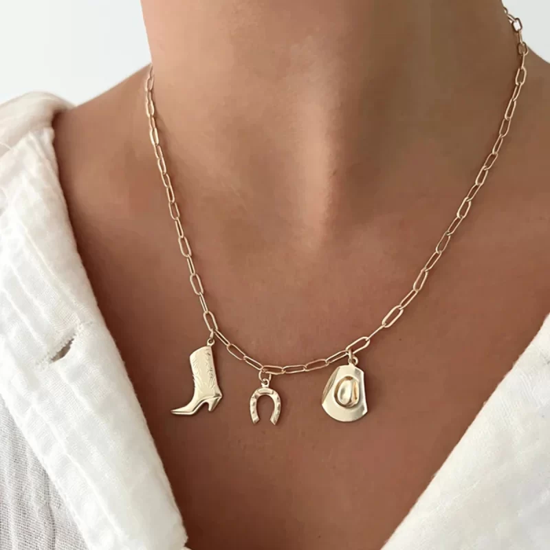 J&D Horseshoe Hat and Boots Pendant Necklace for Women 18k Gold Plated Stainless Steel Western Style Chain 45+5cm - Image 3