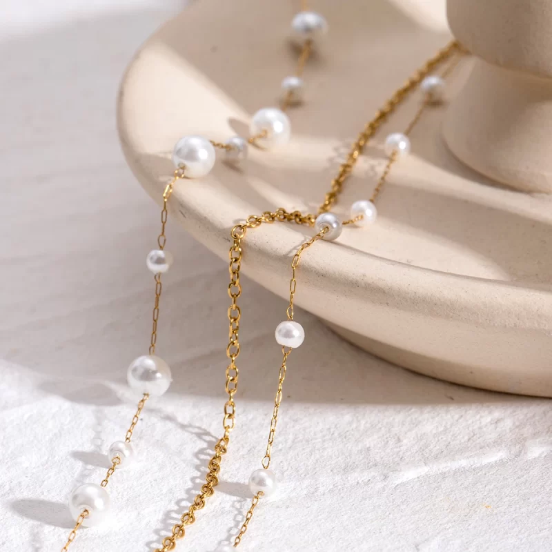 18K Gold Stainless Steel Pearl Three-layer Necklace - Image 2