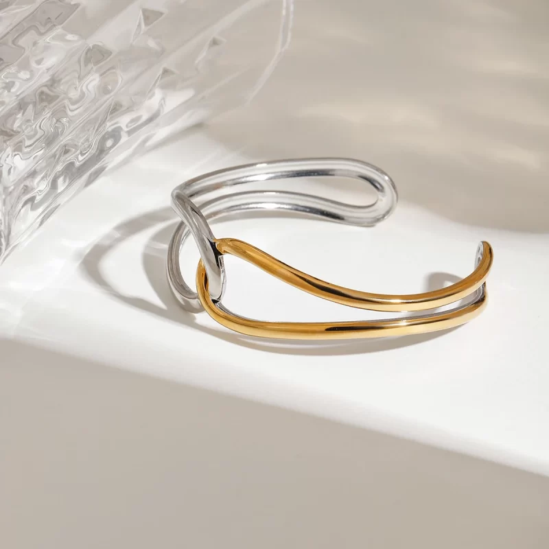 J&D Jewelry 18K Gold Plated Geometric Hypoallergenic Twist Wave Thin Matching Wide Cuff Bangle - Image 4