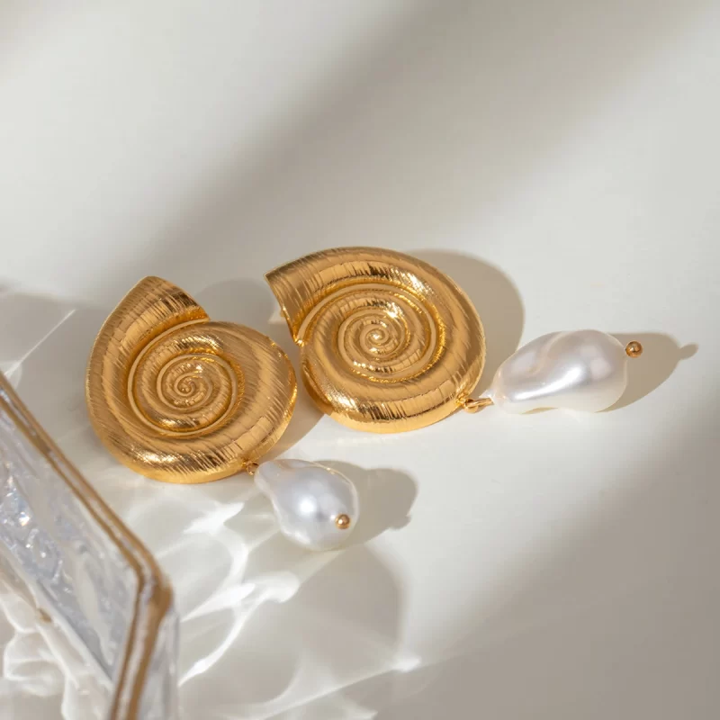 Jewelry 18K PVD Stainless Steel Spiral Statement Stripe Conch Glass Pearl Drop Earrings - Image 3