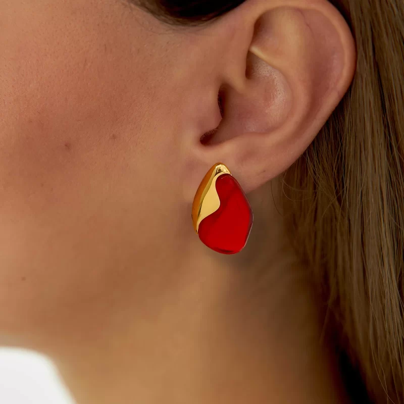 18K Gold Stainless Steel Drop Earrings with Red Natural Stone Luxurious Geometric Vintage Fashion Jewelry Elegant Hoop Style - Image 2