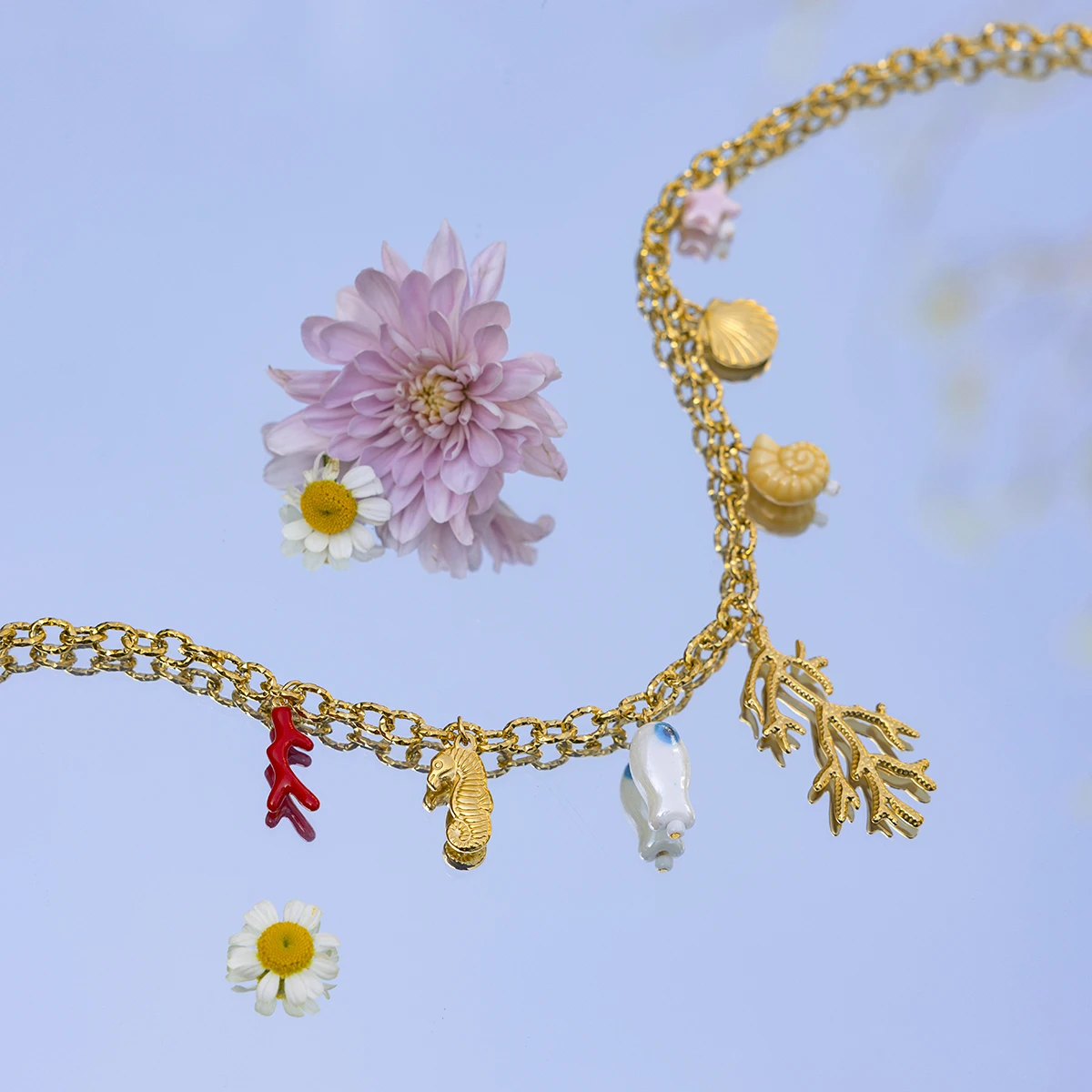 J&D Spring Summer Charm Collection Ocean Series 18K Gold Plated Stainless Steel Necklace with Pearl Flower Charms Jewelry
