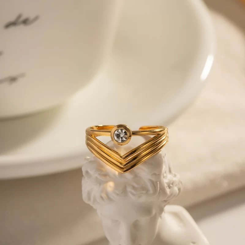 Charm Stainless Steel 18K Gold Plated Opening Ring Gift Cubic Zirconia Mulit Layer V Shaped Rings - Image 4