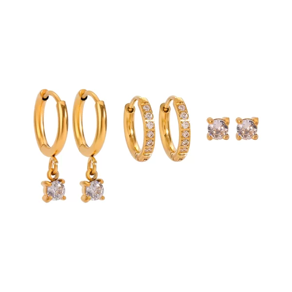18k Gold Stainless Steel Zircon Hoop Earrings Set Three Pairs Classic Style