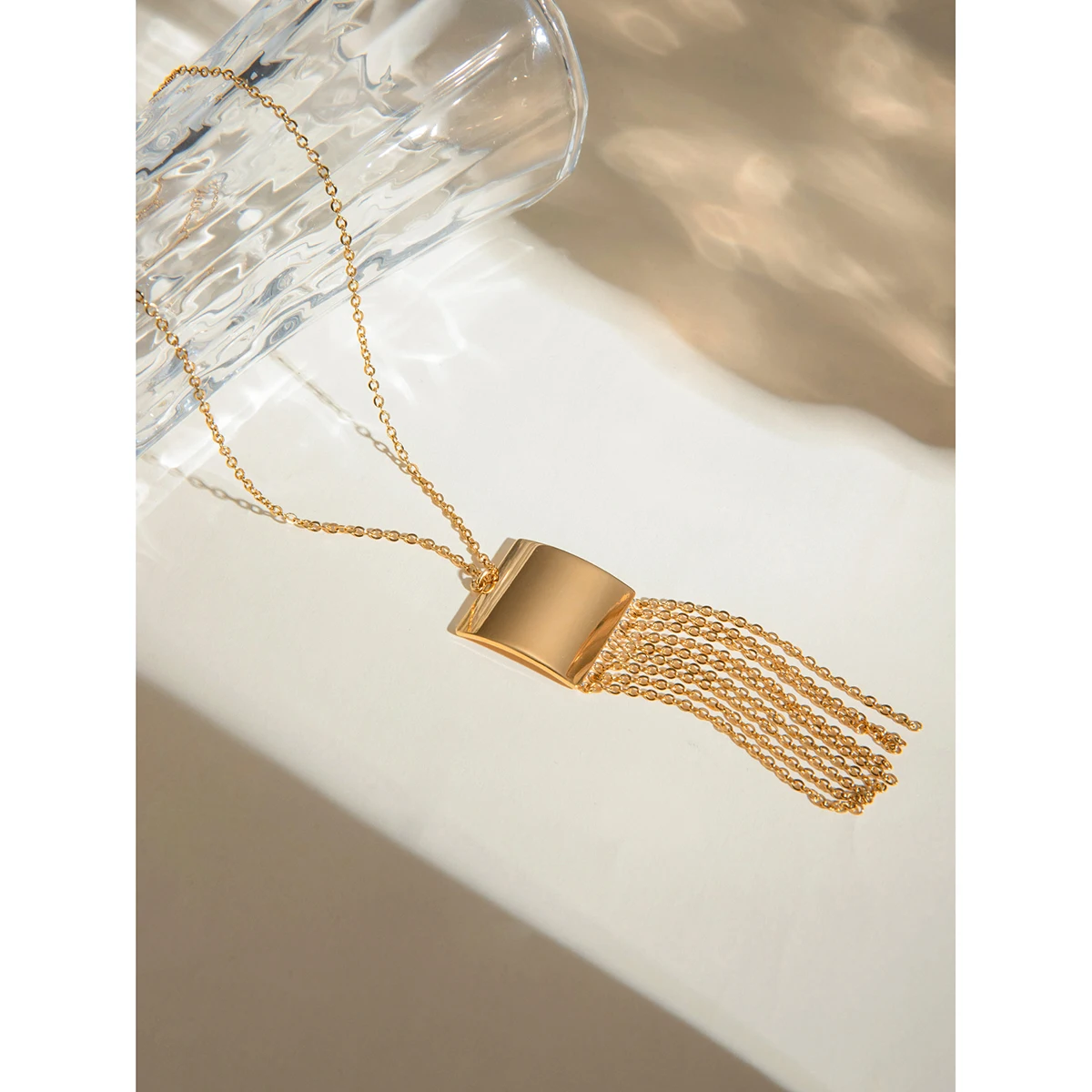 J&D 18K Gold Plated Stainless Steel Fine Chain With Smooth Gold Tassel Pendant Necklace, 50+5cm