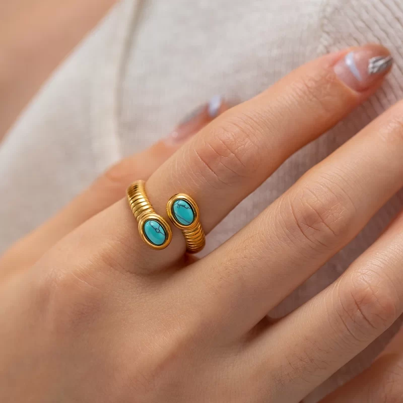 Waterproof 18k Gold Plated Stainless Steel Jewelry Open Thread Inlaid Lapis Lazuli Turquoise Snake Rings - Image 2