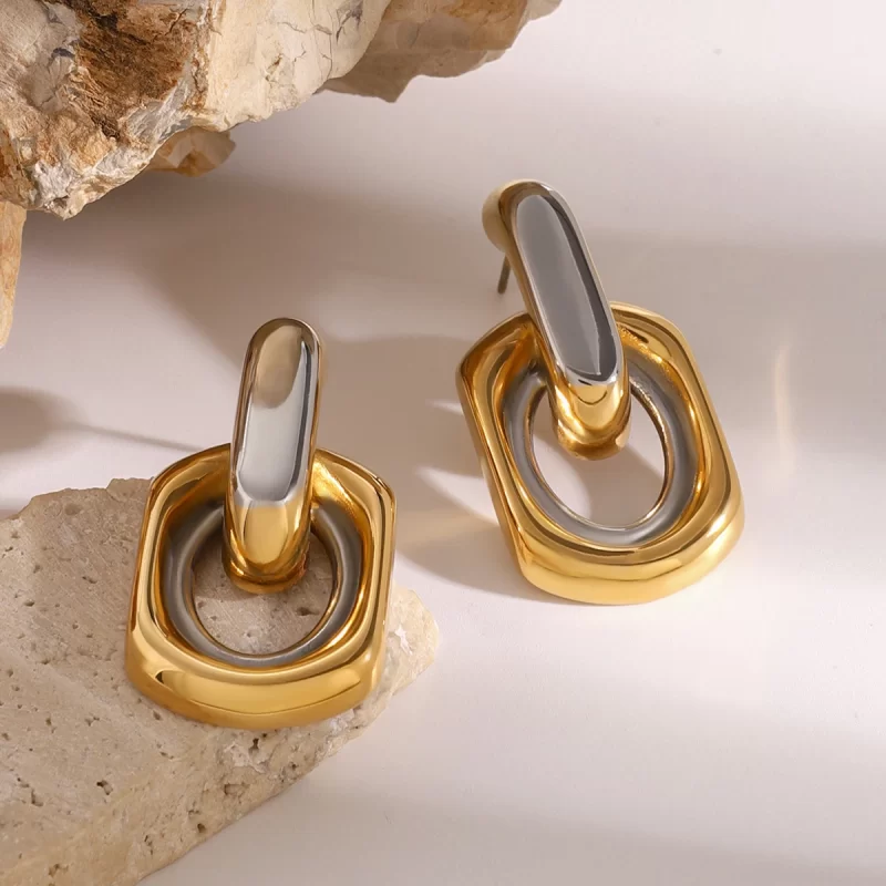 18K PVD Stainless Steel Gold Round Double Hollow Earrings - Image 2