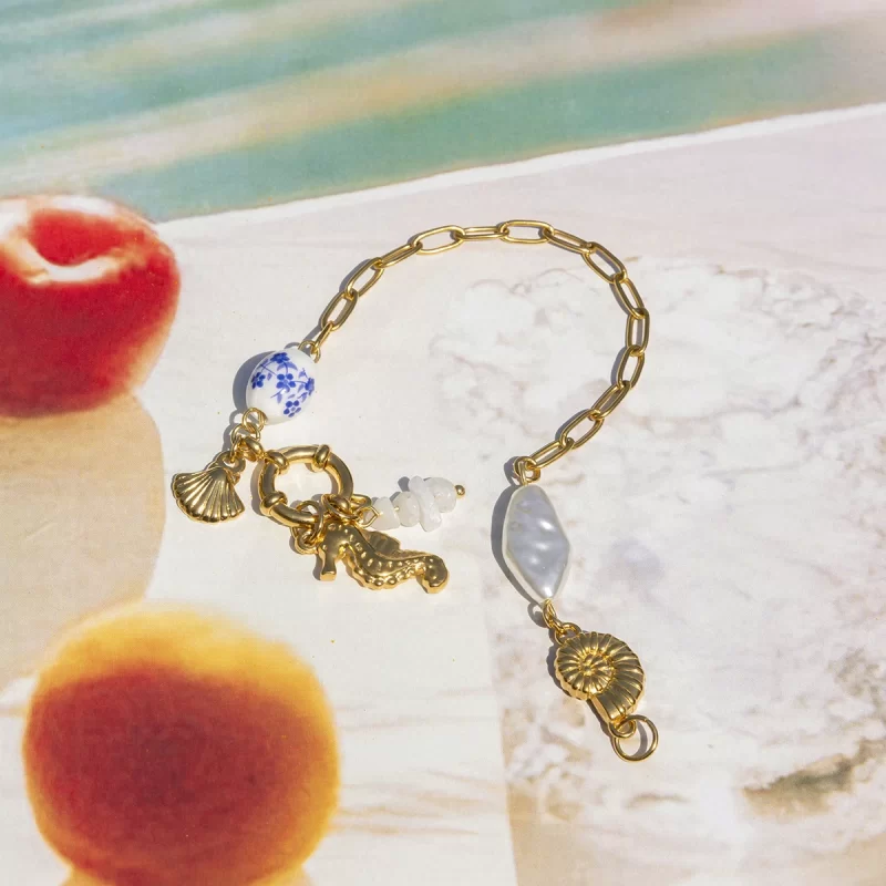 J&D Summer 18K Gold Stainless Steel Ceramic Pearl Conch Seahorse Shell Charms Sailor Buckle Bracelets - Image 4