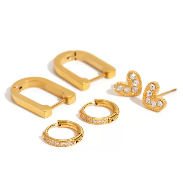 18k Gold Stainless Steel Jewelry White Heart Water Drill Ear Clips Elegant Jewelry Set of 3 Versatile Accessory