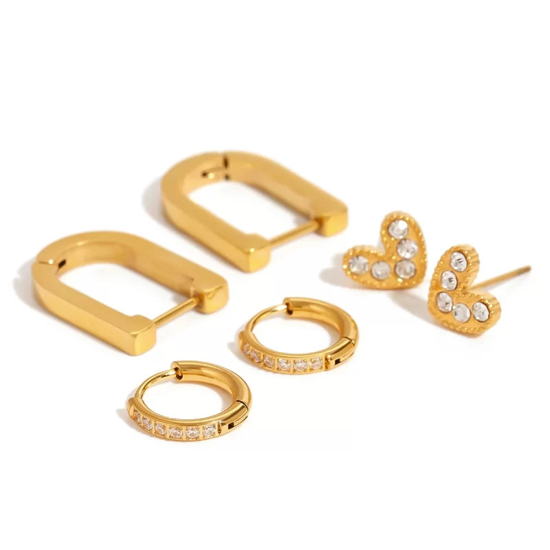 18k Gold Stainless Steel Jewelry White Heart Water Drill Ear Clips Elegant Jewelry Set of 3 Versatile Accessory