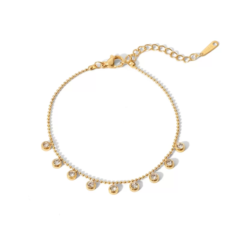 18K Gold Plated Tassel Round Zircon Bracelet Stainless Steel Bead Chain Clear Cubic Zircons Bracelet Girl