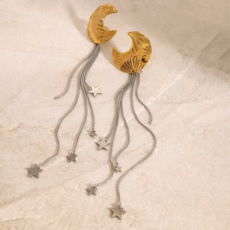 18k Gold Plated Stainless Steel Two-Tone Star Moon Long Texture Tassel Earrings Fashion Hoop Jewelry with Pearl Main Stone - Image 5