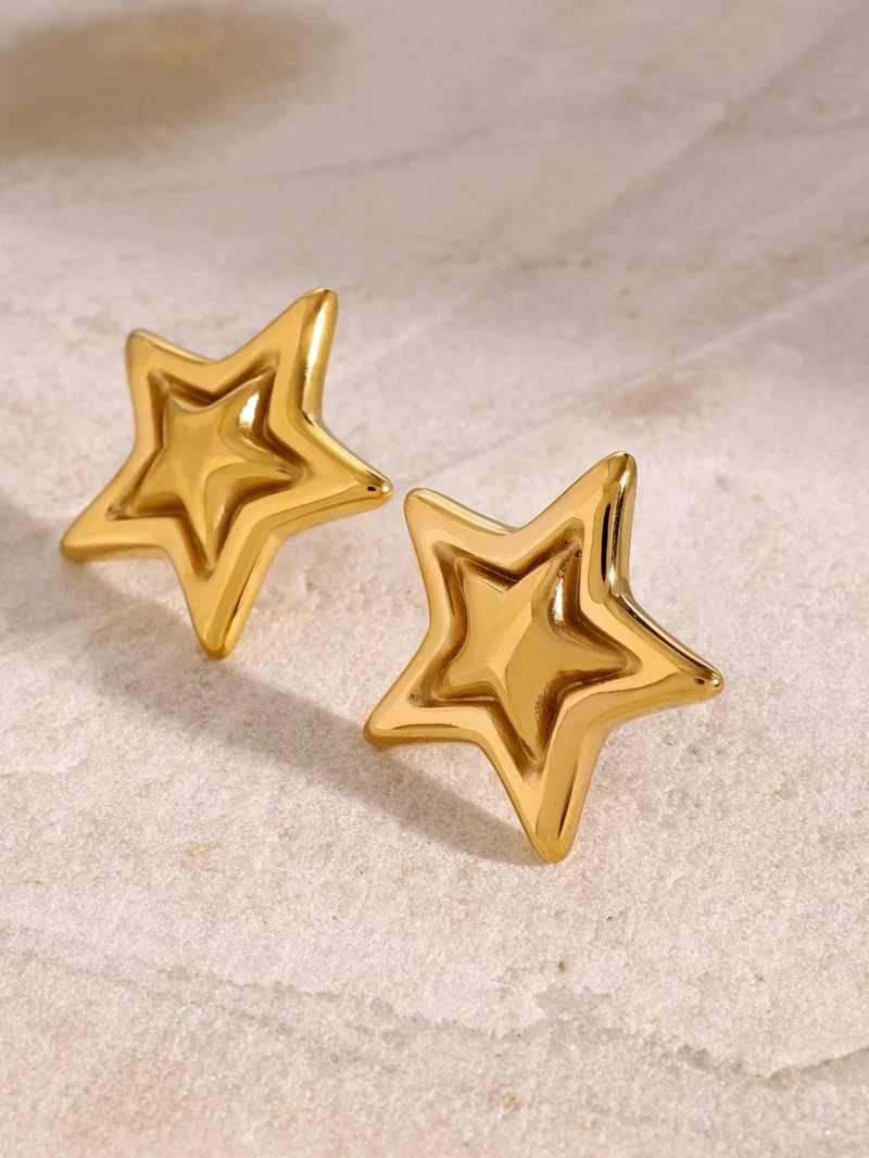 18k Gold Stainless Steel Raised Star Earrings Unique Statement Jewelry - Image 2
