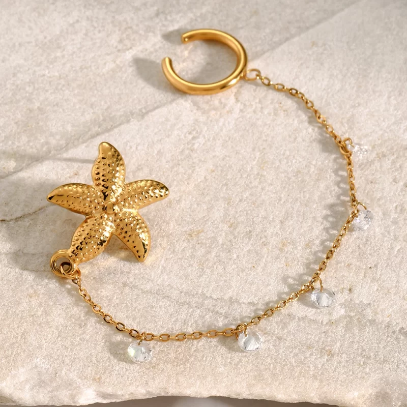18K PVD CZ Charm Starfish Earrings Ear Cuff - Image 2