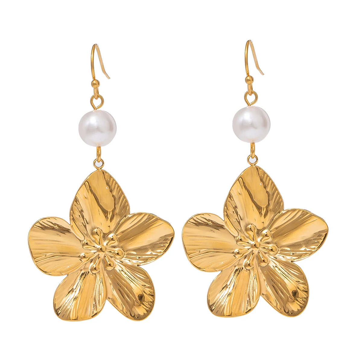 Unisex Trendy 18k Gold Stainless Steel Earrings Fashion Flower Glass Pearl Drop Jewelry