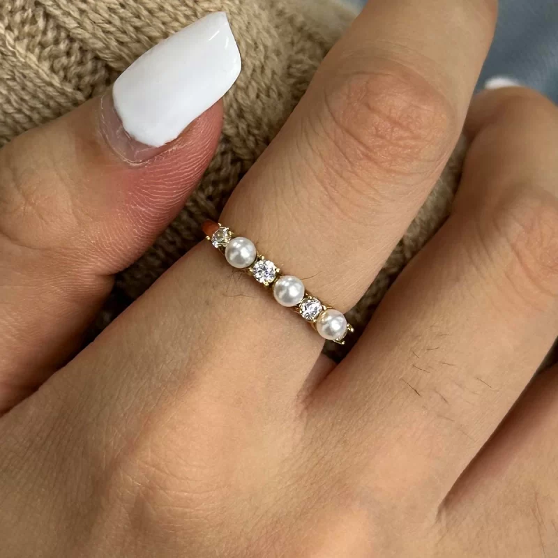 J&D Gold Plated Pearl Zircon Flower Rings Adjustable Stainless Steel Jewelry for Wedding Engagement Gift Trendy Style - Image 3