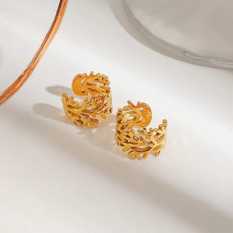 18k Gold Stainless Modern Minimalist 18K Gold Stainless Steel Glossy Tree Branch Hollow Open Ear Clip Earrings - Image 3