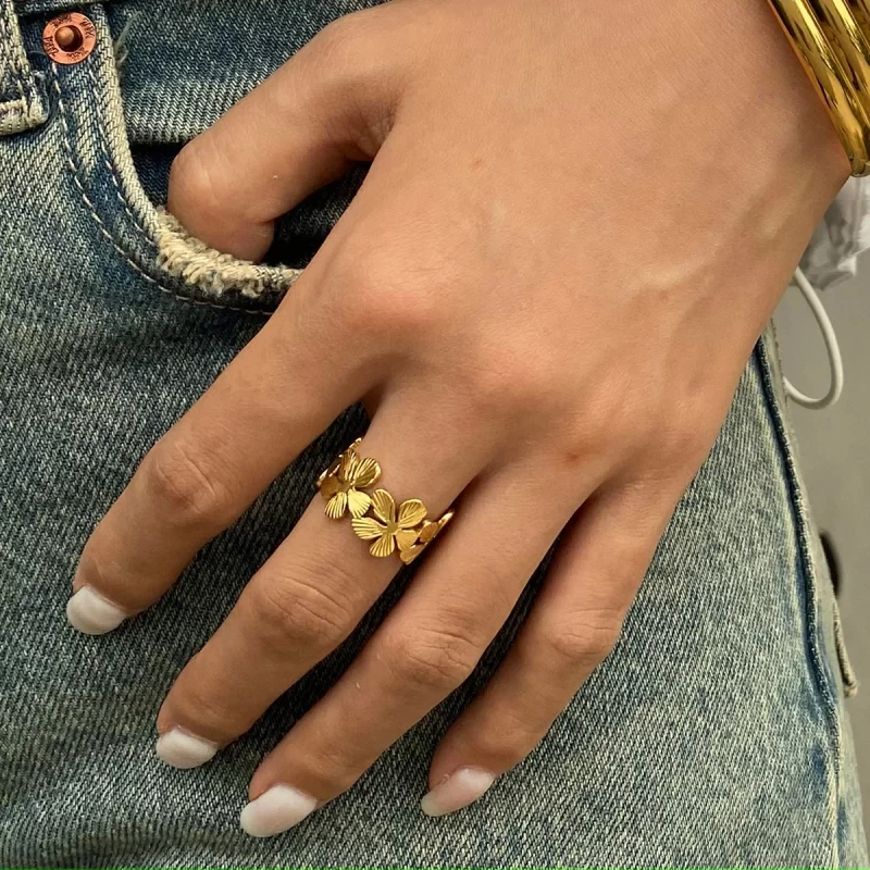 Waterproof 18k Gold Plated Stainless Steel Jewelry Five Petal Ribbed Flower Adjustable Open Ring - Image 2