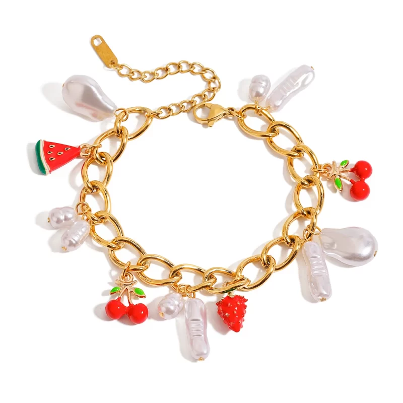 J&D Gold-Plated Double Cross Chain Bracelet Trendy Fruit Shape Pattern Fashionable Alloy Accessory Stylish Charm Bracelets