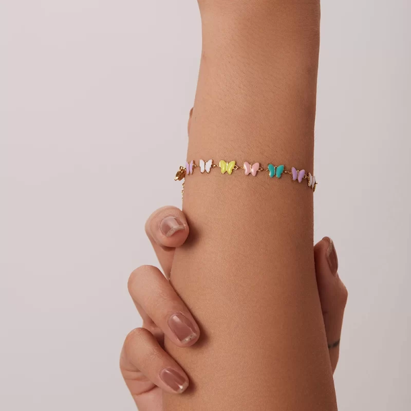 Charm 18k Gold Stainless Steel Dripping Oil Jewelry Gift Colorful Enamel Butterfly Chain Bracelet - Image 3