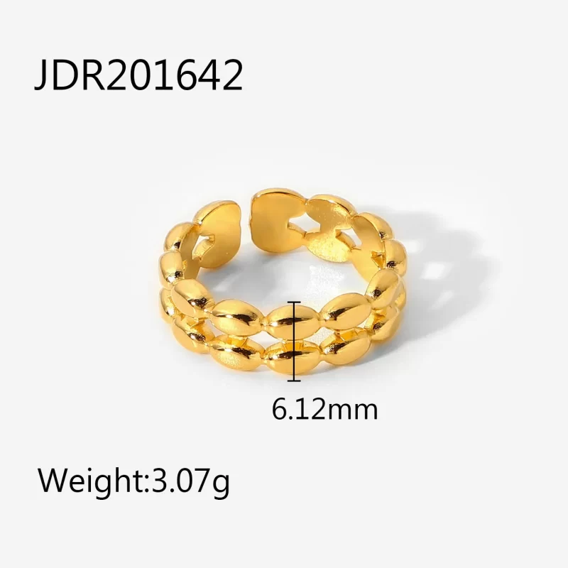 18k Gold Plated Double Layer Geometric Oval Bean Beads Open Stainless Steel Finger Rings for Woman - Image 3