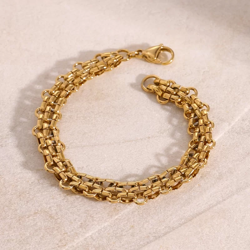 J&D 18k Gold Stainless Steel Heavy-Duty Woven Chain Bracelet Waterproof 207mm Durable - Image 3