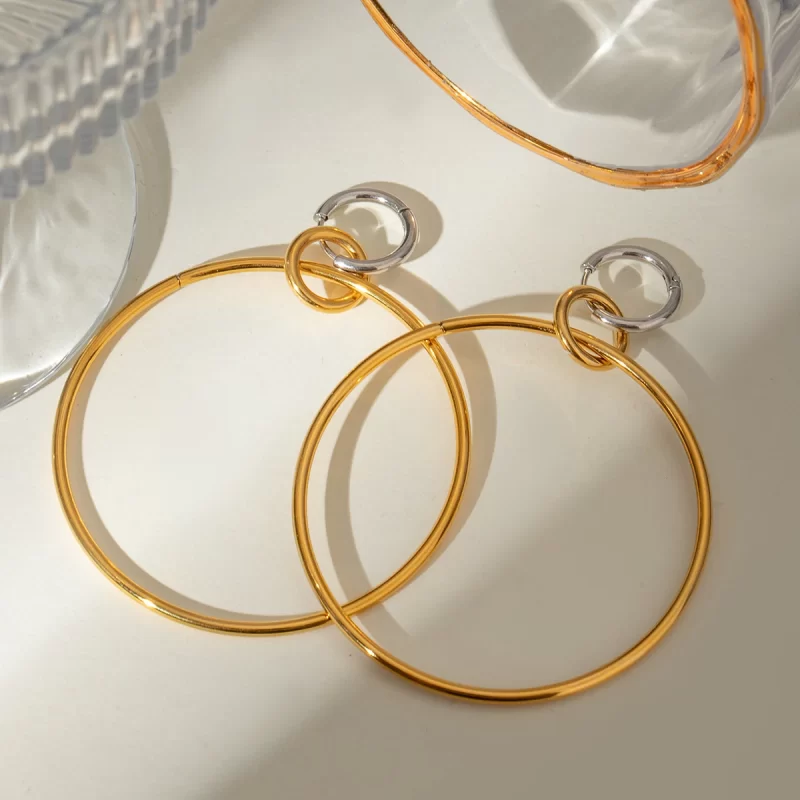 Two-Tone Large Hoop Earrings 18k Stainless Steel Interlocking Silver Gold Statement Jewelry - Image 4
