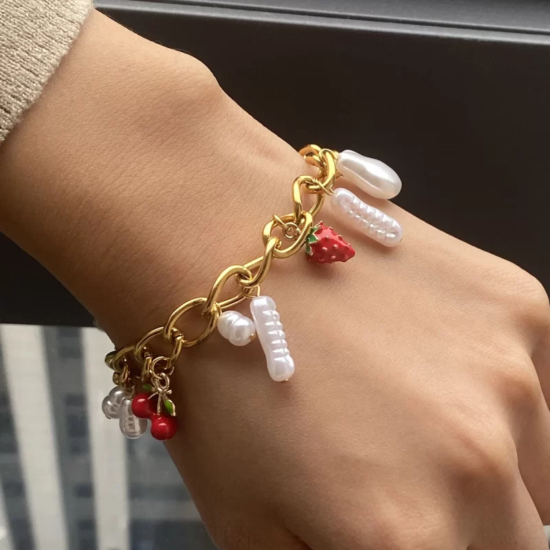 J&D Gold-Plated Double Cross Chain Bracelet Trendy Fruit Shape Pattern Fashionable Alloy Accessory Stylish Charm Bracelets - Image 2