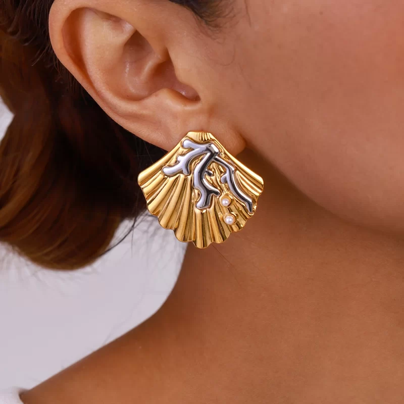 18k Gold Stainless Steel Shell Beads Ocean Coral Ribbed Shell Beads Shell Adjustable Open Ring - Image 3