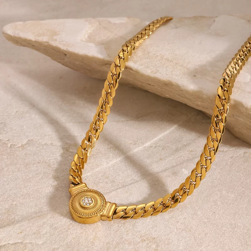 J&D 18k Gold Stainless Steel White Zircon Ribbed Round Pendant 45cm Cuban Chain Necklace Watch Chain - Image 3