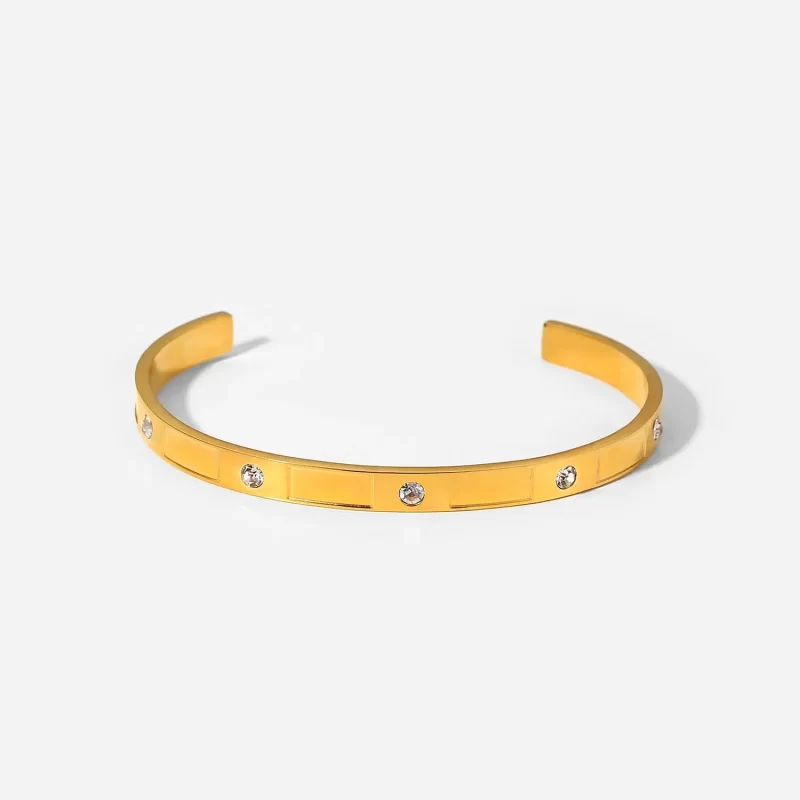 Non-tarnish Stainless Steel Bangle Round Zircon Inlaid Rectangular Alternating Bracelet for Women