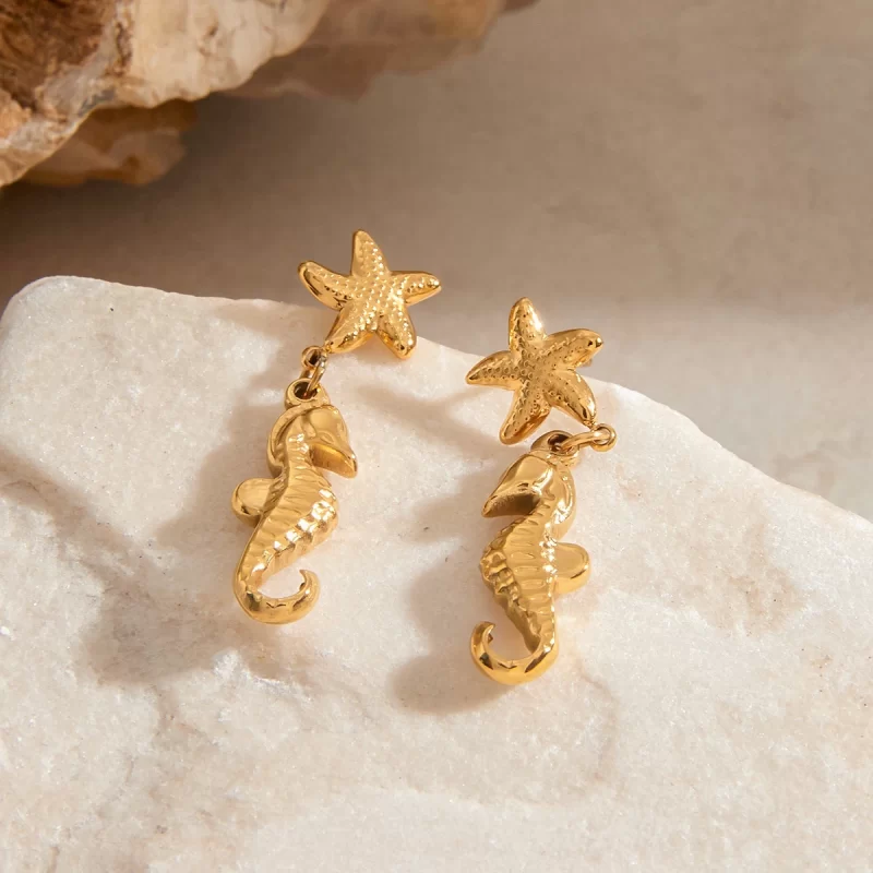 18K Gold Plated Stainless Steel Hoop Earrings Ocean Starfish Sea Horse Drop Geometric Holiday Beach Design - Image 5