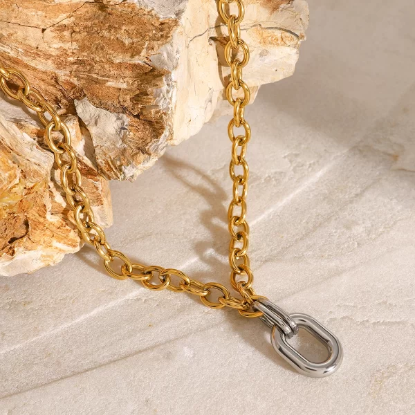 J&D 18k Gold Stainless Steel Gold and Silver Color Block Oval Polished Hollow Circle Necklaces