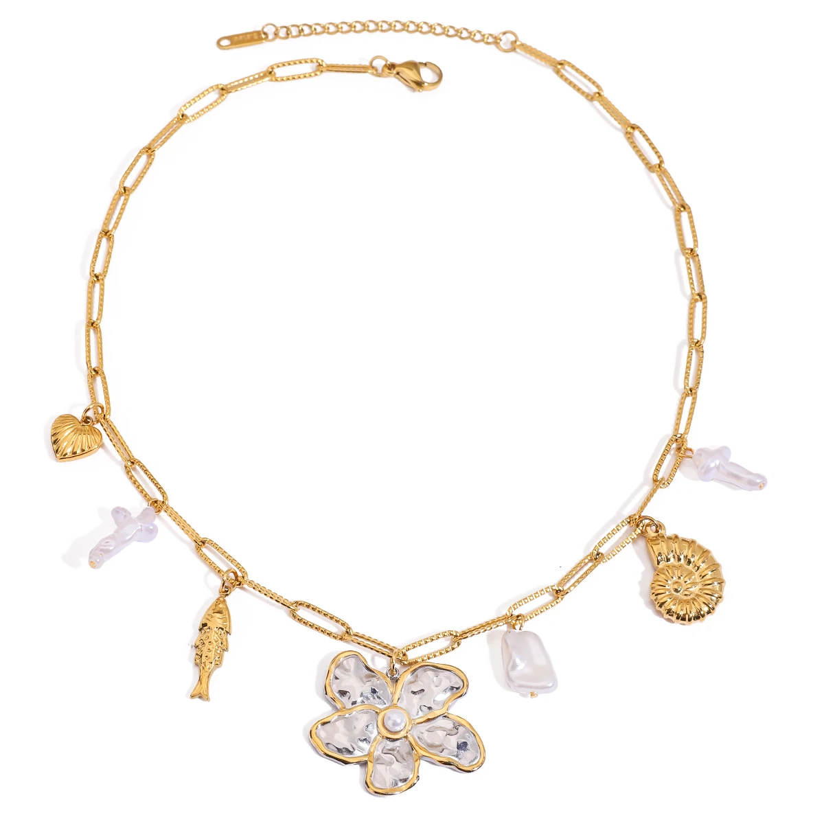 J&D Summer Ocean 18K Gold Necklace Stainless Steel Fish Conch Thread Heart Two Tone Flower Necklaces