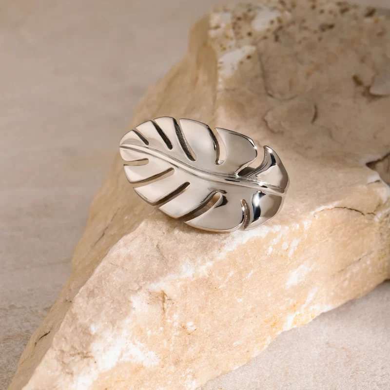 J&D Jewelry Leaf Feather Smooth Surface Ring 18K Gold Plated Stainless Steel Ring Opening Glossy Ring for Women - Image 2