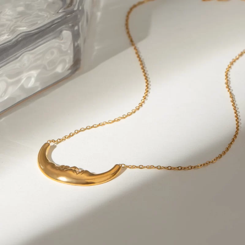 J&D 18k Gold Stainless Steel White Zircon Moon Pendant Necklace 40+5cm Ethereal Chic Accessory - Image 2