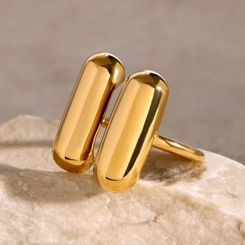 J&D Simple Rings Design Women Fashion Stainless Steel 18K Gold Double Capsule Shape Open Ring - Image 2