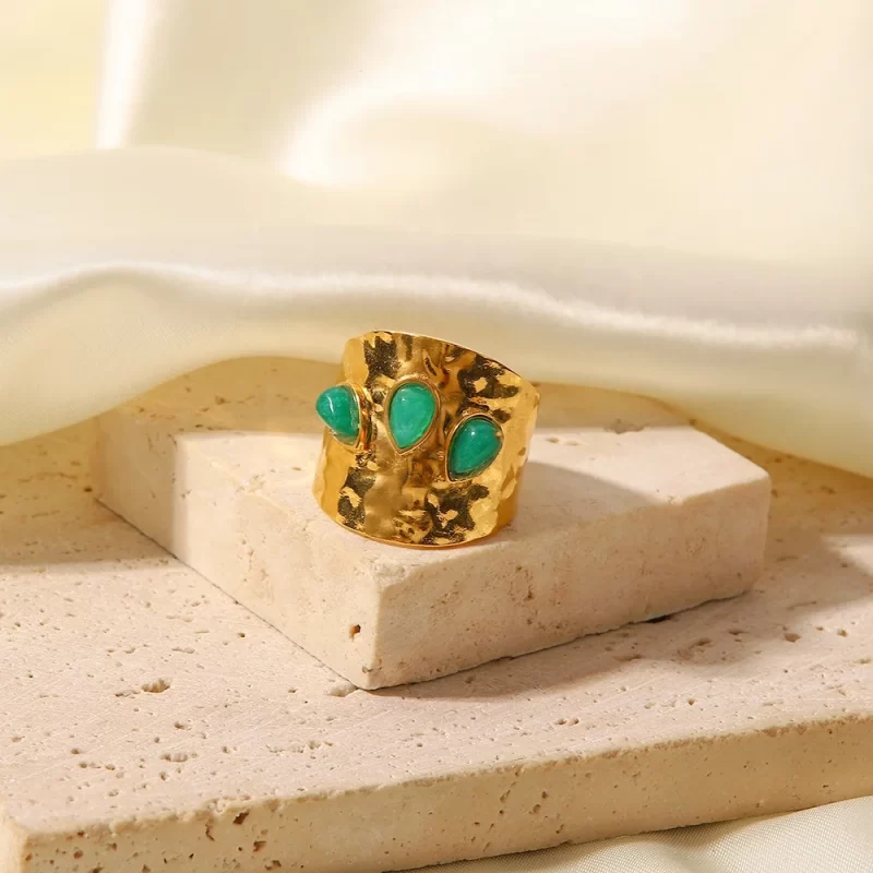 3 Irregular Green Natural Stone Chunky Hammered 18K Gold Plated Stainless Steel Opening Ring - Image 3