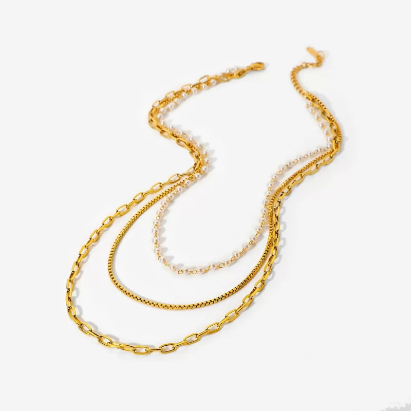 18k Gold Multi Layer Necklace Pearl Collar Summer Beach Stainless Steel Link Chain Choker Necklace - Image 3