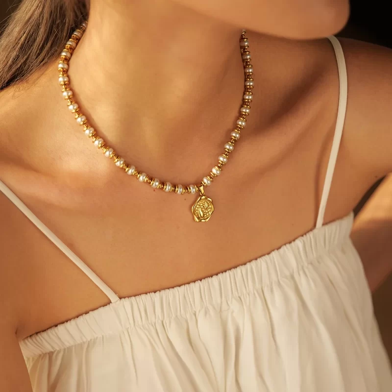 Tear Drop Glass Pearl Pendant Necklace 18K PVD Gold Plated Stainless Steel Mermaid Tear Bead Necklace for Women - Image 4