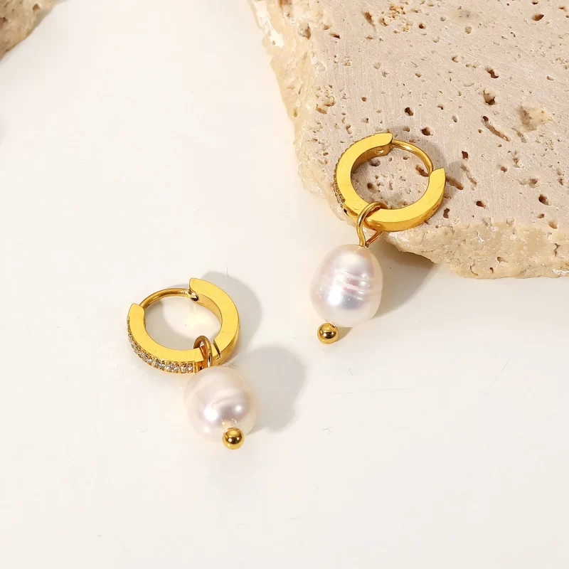 18k Gold Pvd Plated Stainless Steel Jewelry Cubic Zirconia Hoop Freshwater Pearl Pendant Earrings - Image 4