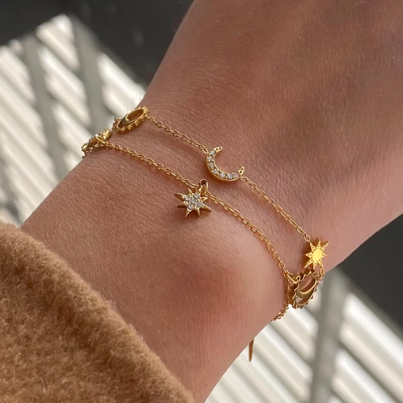 J&D Trendy Moon Star Stainless Steel Bracelet Geometric Rhinestone Dainty Fashion Chain Jewelry - Image 2