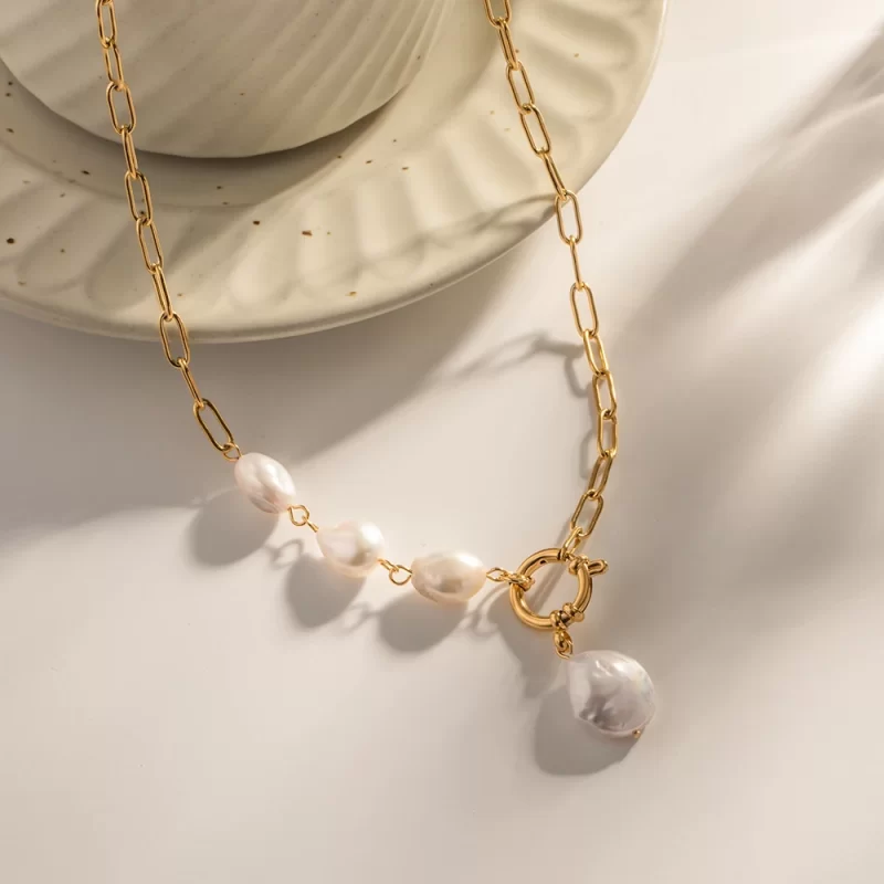 New Jewelry Stainless Steel Spring Lock Half Paperclip Chain Freshwater Pearl Necklace for Women - Image 4