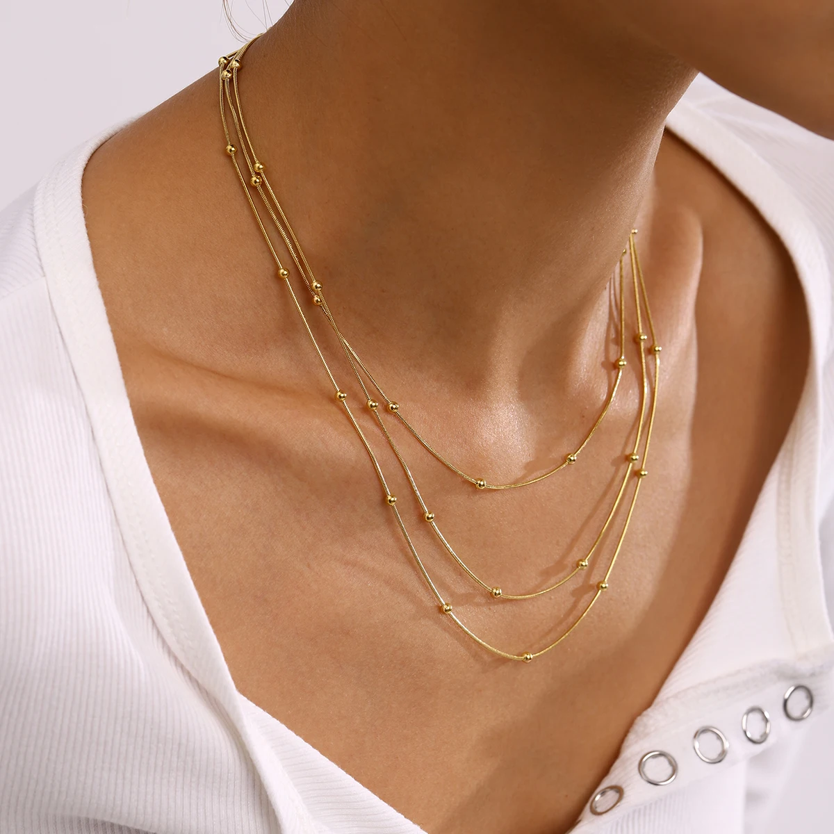 J&D Triple Layer Beaded Chain Necklace 18k Gold Plated Stainless Steel Simple Minimalist Modern Design