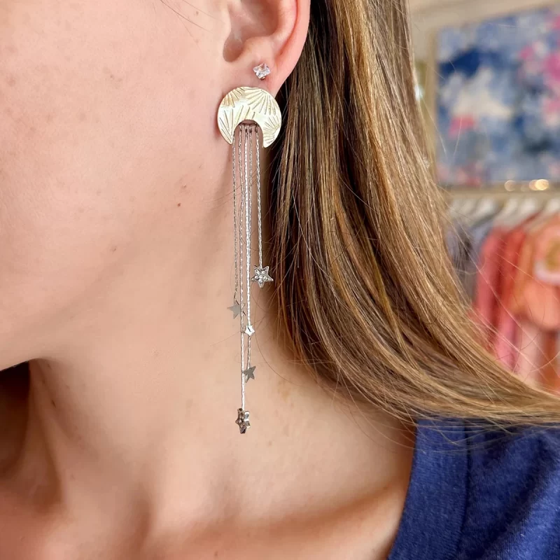 18k Gold Plated Stainless Steel Two-Tone Star Moon Long Texture Tassel Earrings Fashion Hoop Jewelry with Pearl Main Stone - Image 2