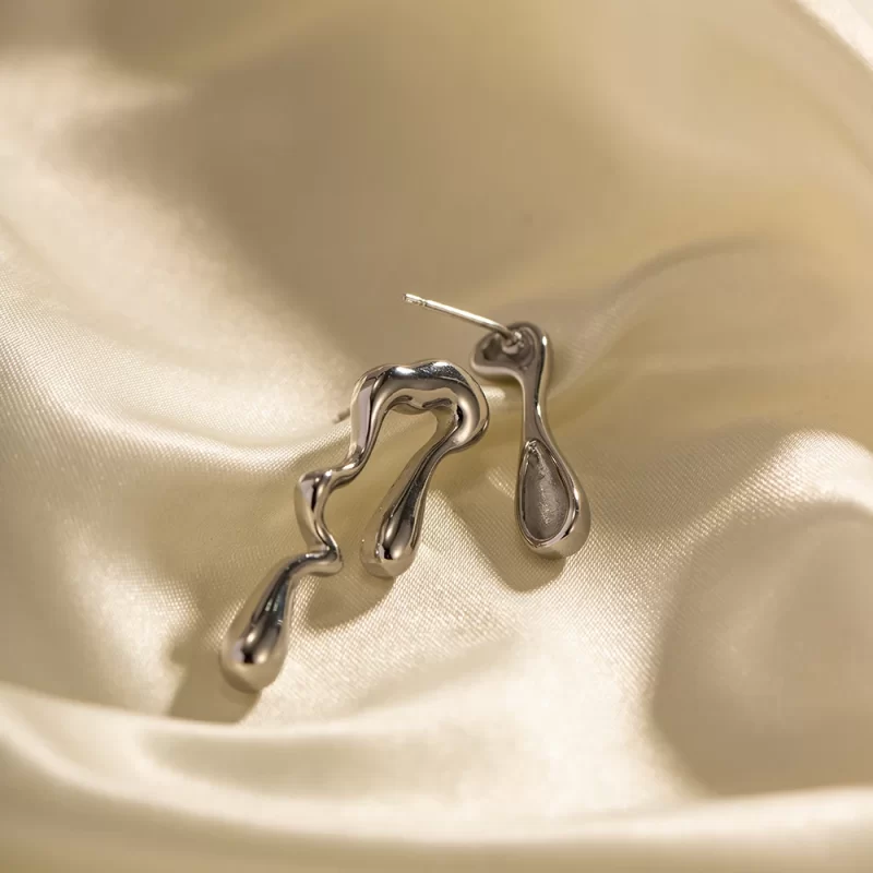 Stainless Steel Irregular Water Drop Asymmetric Melting Ice Design Stud Earring - Image 5