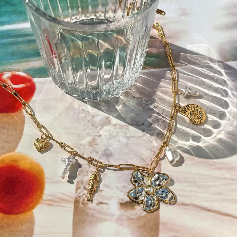 J&D Summer Ocean 18K Gold Necklace Stainless Steel Fish Conch Thread Heart Two Tone Flower Necklaces - Image 4
