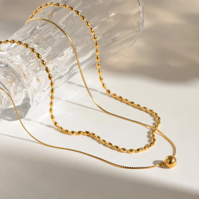 18k gold stainless steel/smooth small steel ball pendant rice ball chain double-layer necklace 40/45+5cm - Image 3