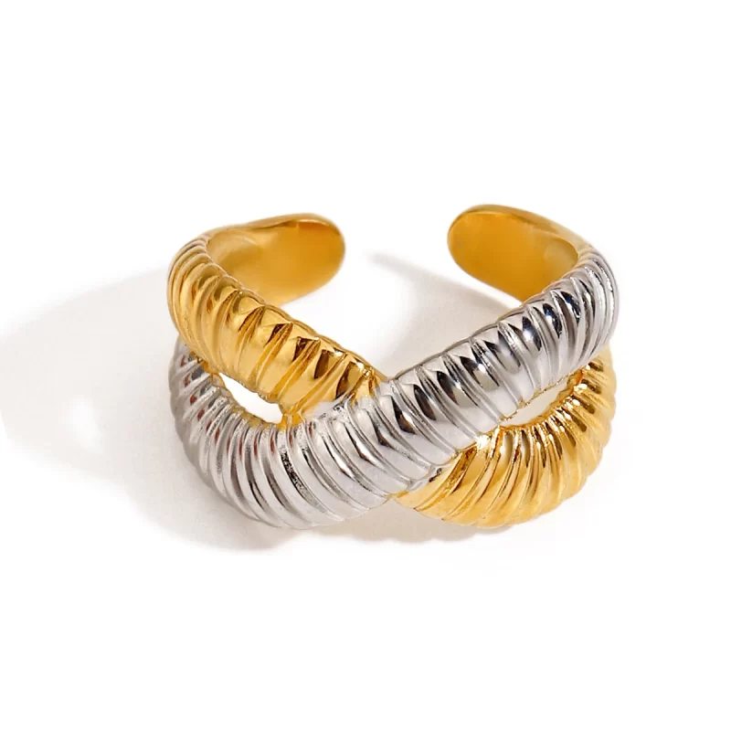 Waterproof 18K Gold Plated Stainless Steel High Shell Shape Cross Double Layered Cute Geometric Open Rings
